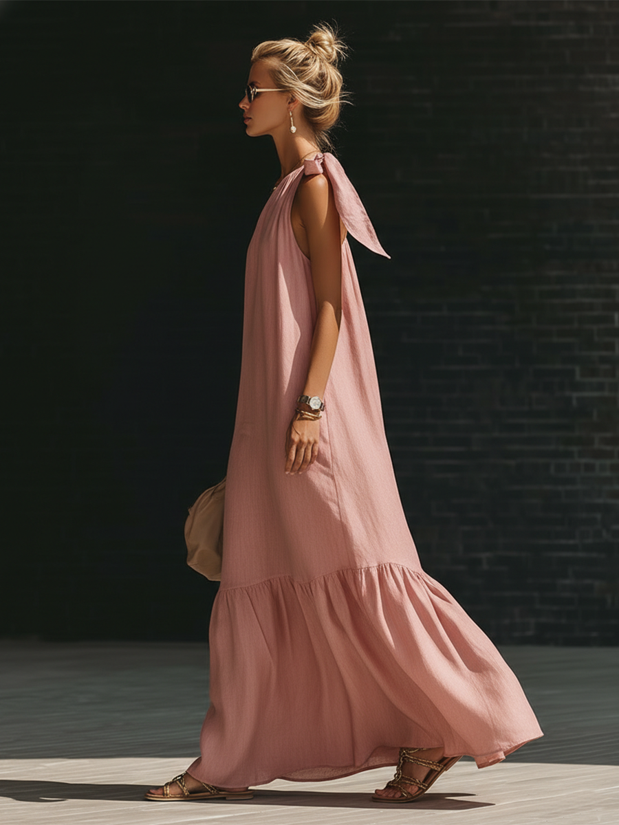 Stylish Simple Loose-fitting Sleeveless One-shoulder Tie-up Ruffled Hem Pink Cotton-linen Maxi Dress