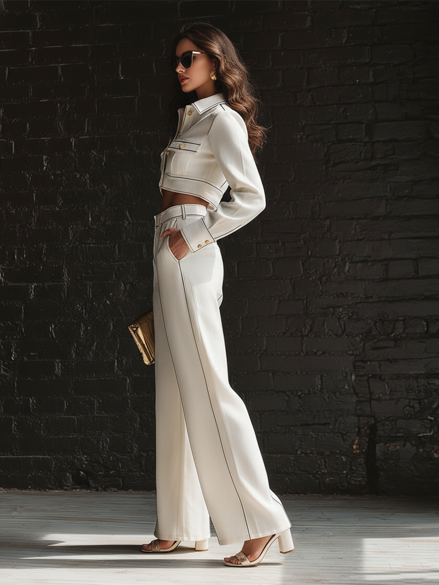 Retro-style Loose-fitting  Front Buttons Workwear Jacket  And Black-trimmed Trousers White Denim Set