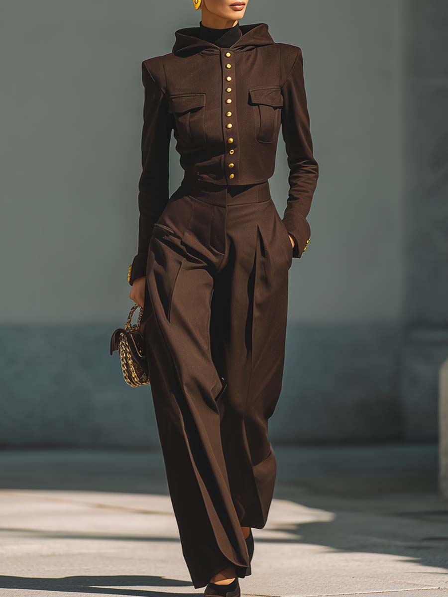 Vintage Exquisite Street Brown Hooded Front Metal Button Short Jacket And Pants Set