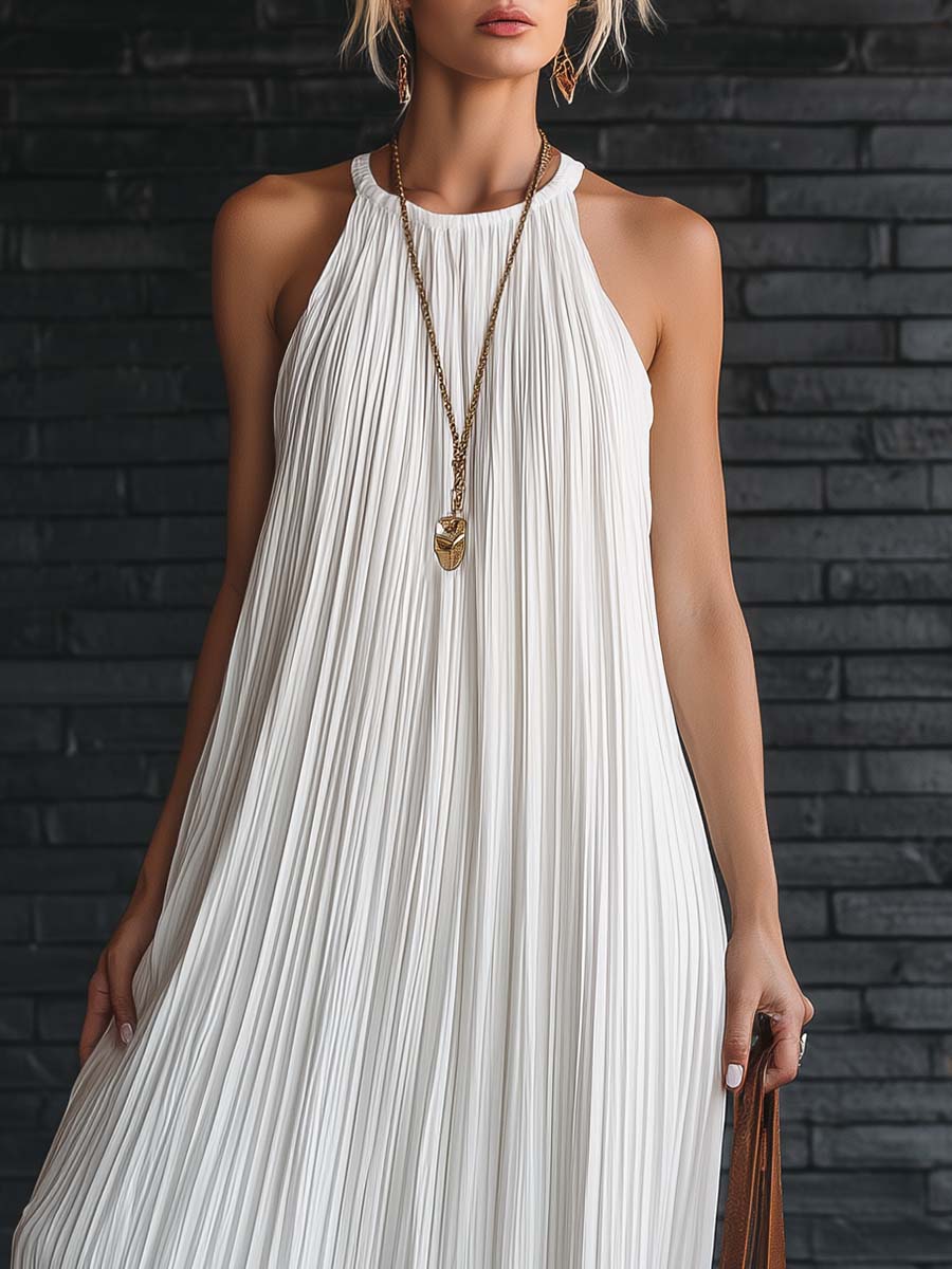 Simple And Casual Round Neck Sleeveless White Pleated Chiffon Maxi Dress