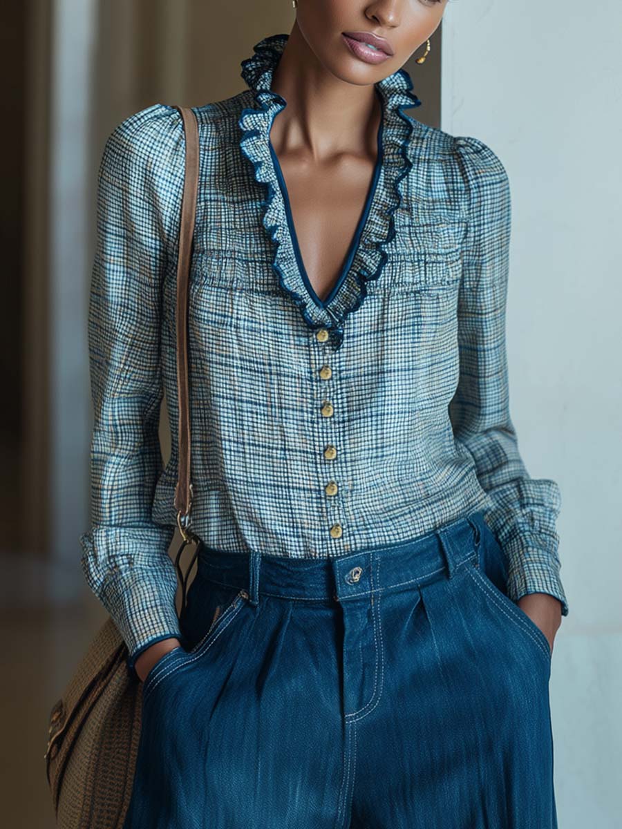 Retro And Chic Temperament Lotus Leaf V-neck Front Metal Button Blue Plaid Shirt