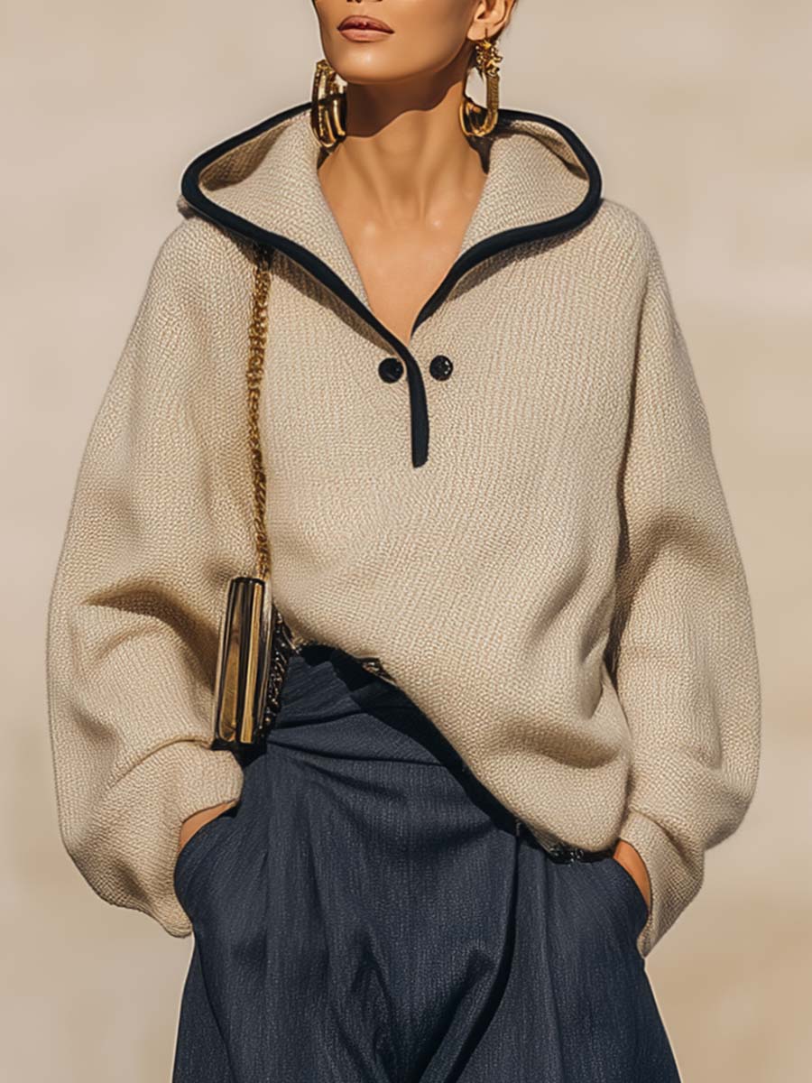 Easy And Comfortable Urban Black Trim Hooded Beige Knitted Pullover