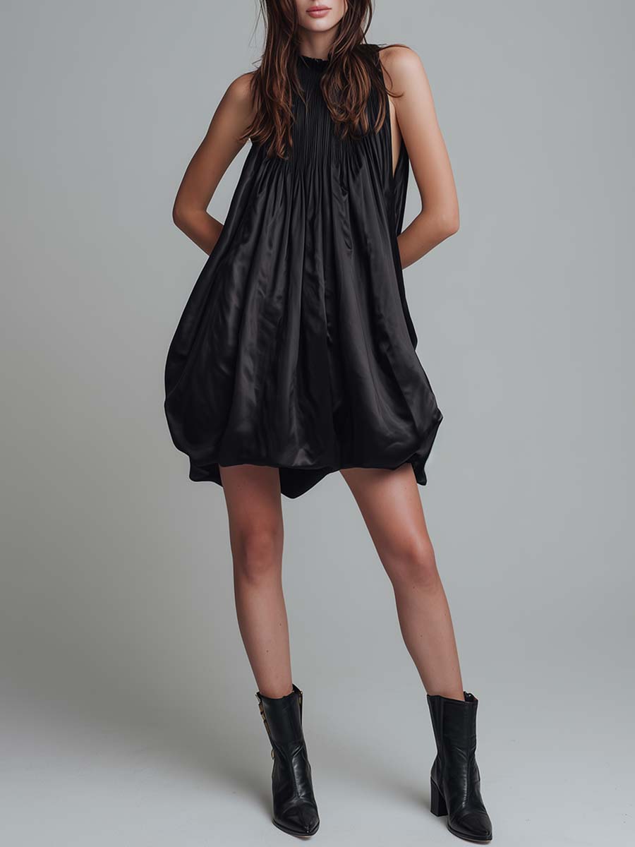 Fashion Party Round Neck Sleeveless Puff Hem Black Satin Mini Dress