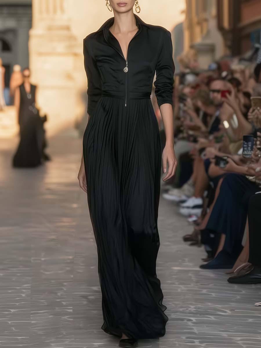 Versatile And Exquisite Temperament Lapel Front Zipper Pleated Hem Black Satin Maxi Dress