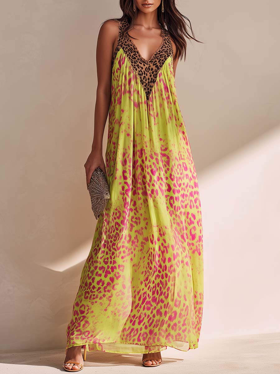 Vintage Fashion Flowing V-neck Sleeveless Pink Leopard Print Lemon Yellow Chiffon Maxi Dress