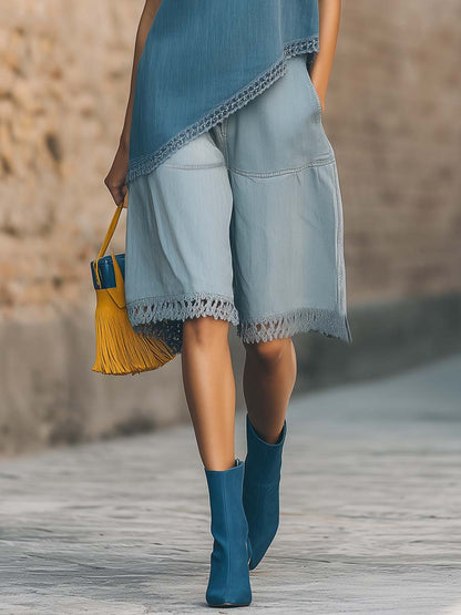 Casual Urban Style Lace-trimmed V-neck Asymmetrical Blue Denim Top And Shorts Set