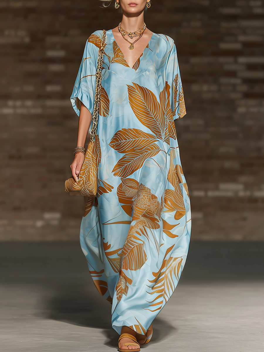 Retro-chic Loose-fitting V-neck Short-sleeved Palm Leaf Print Blue Satin Maxi Dress