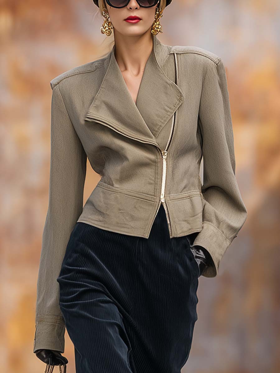 Retro, Simple And Versatile Street Style Lapel Slant-collar Zipper Khaki Short Trench Coat