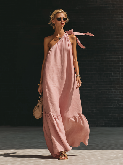 Stylish Simple Loose-fitting Sleeveless One-shoulder Tie-up Ruffled Hem Pink Cotton-linen Maxi Dress