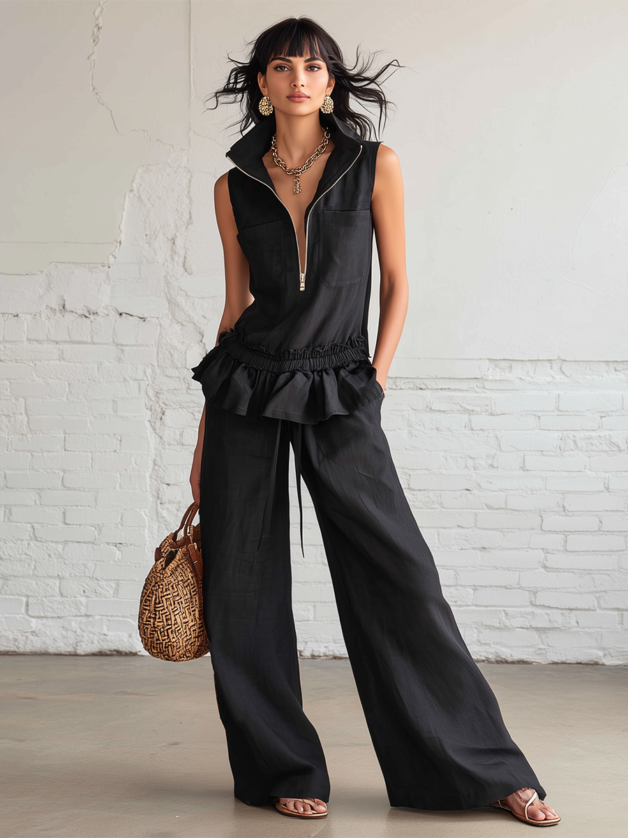 Casual Black Linen Sleeveless Top With Ruffle Details And Wide Leg Pants Set
