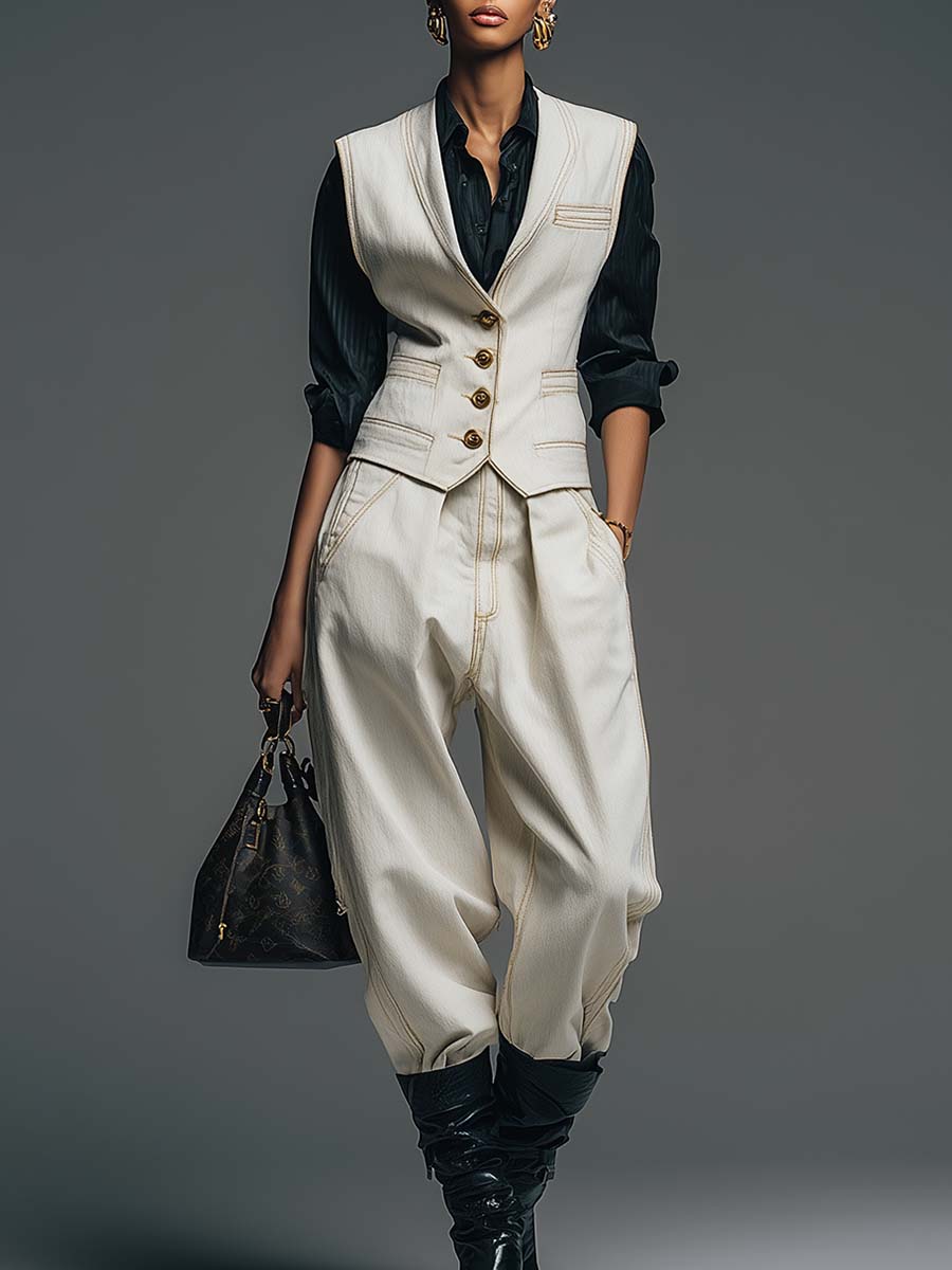 Exquisite And Versatile Urban White Denim Front Button Vest And Pants Set