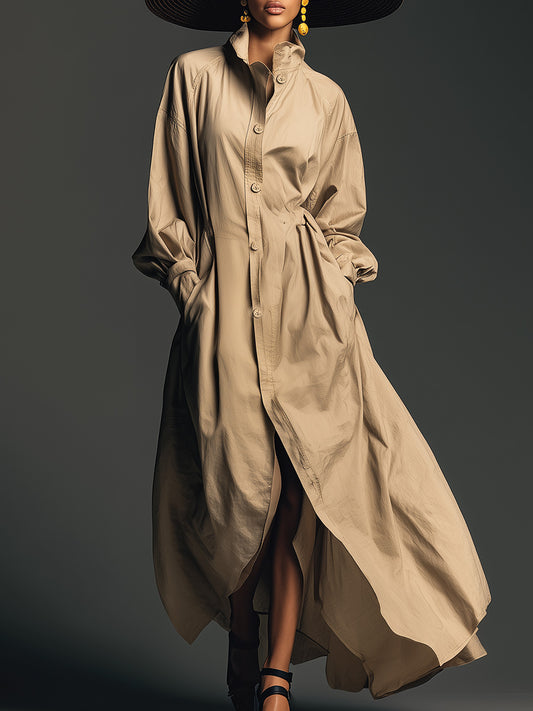 Retro Classic Fashion Stand Collar Front Button Slit Khaki Cotton Trench Coat Maxi Dress