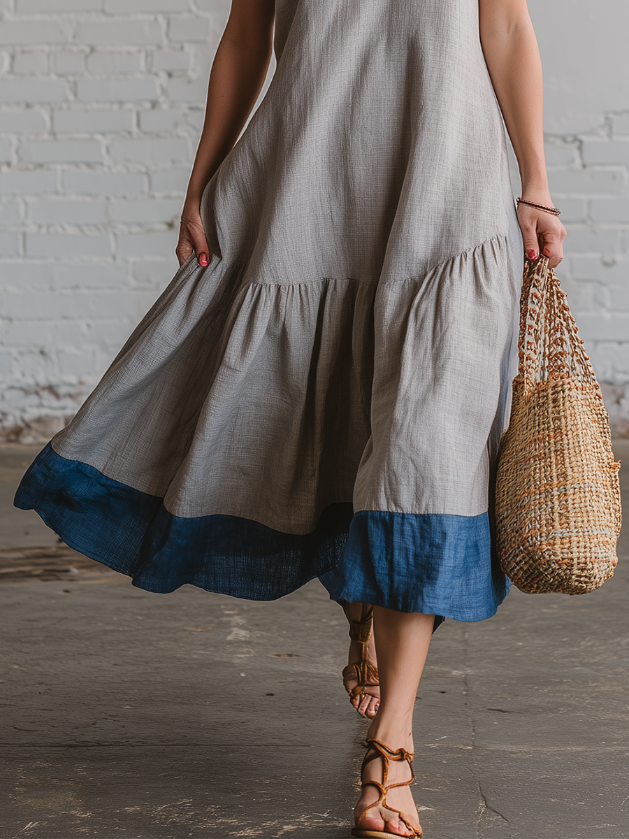 Casual Grey Cotton Linen V-neck Sleeveless With Blue Trim  Midi Dress
