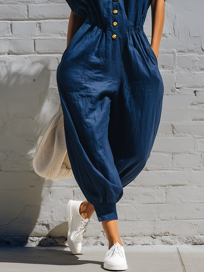 Stylish Simple Loose-fitting Short-sleeved Collared Front-button Cotton Blue Jumpsuit