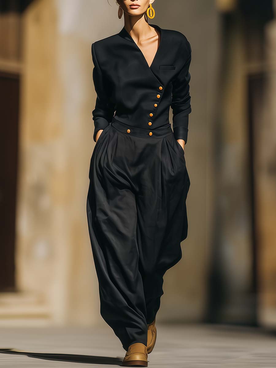 Retro Sophisticated Urban Black Satin Asymmetrical V-neck Metal Button Top And Pants Set