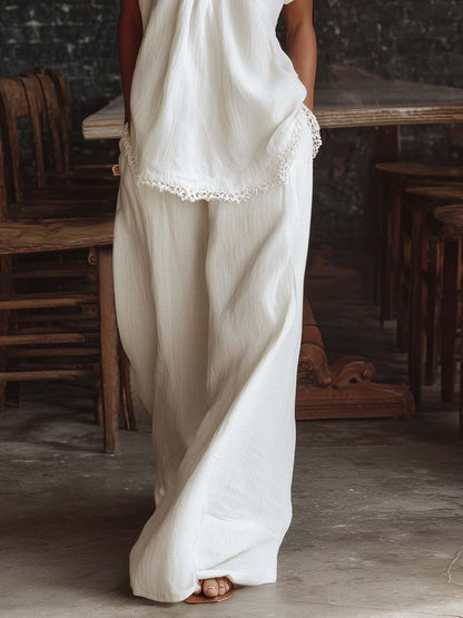 Elegant Casual Urban Style V-neck Lace Hem White Cotton Short-sleeved Top And Pants Set