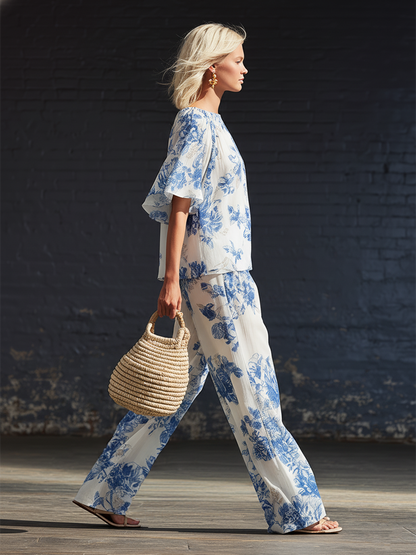 Casual White Chiffon Printed Short Sleeved Top And Wide Leg Pants Set