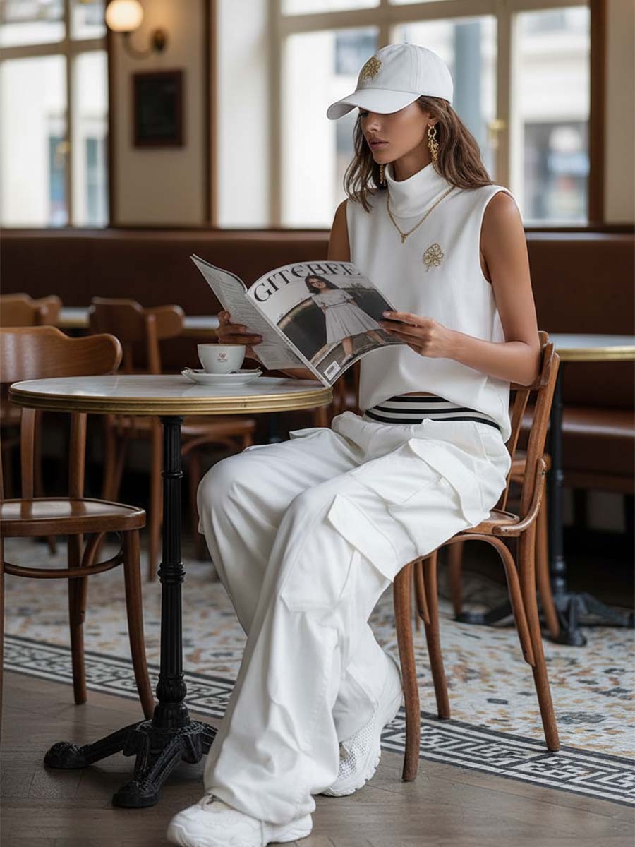 Exquisite Fashion Athletic Workwear Style White Cotton Sleeveless Top With A Mock Neck And  Pants Set