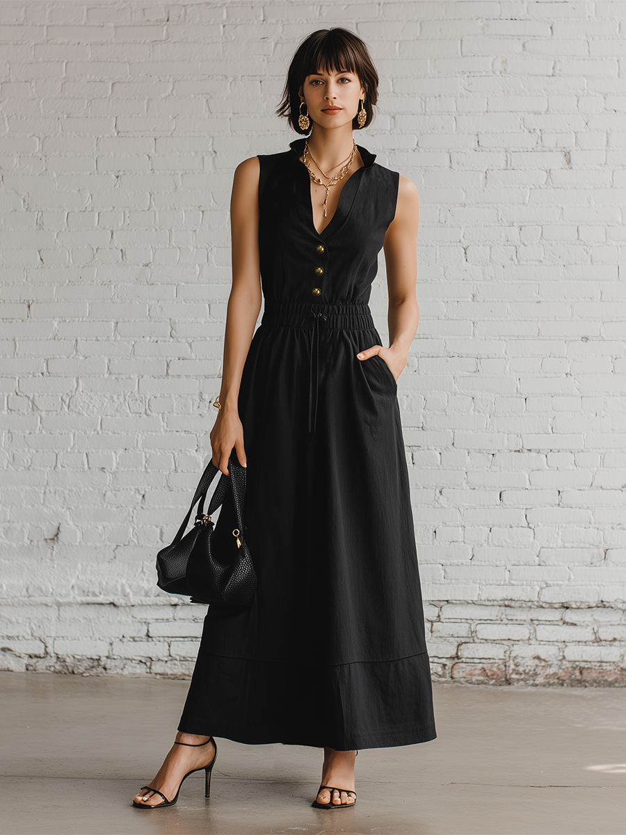 Casual Urban Style Black In A Cotton Linen Blend Featuring Buttons And An Elastic Drawstring Waistband Midi Dress