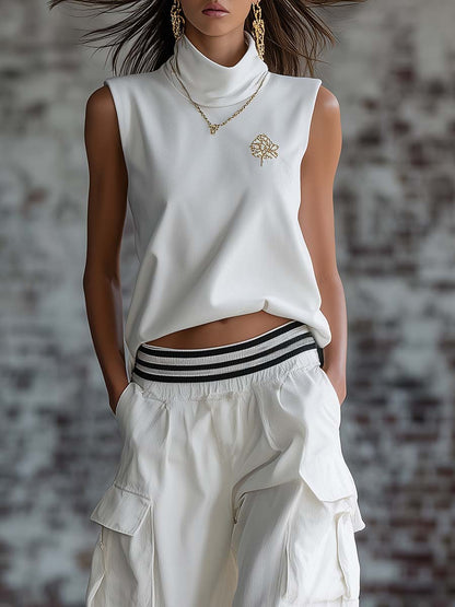Exquisite Fashion Athletic Workwear Style White Cotton Sleeveless Top With A Mock Neck And  Pants Set