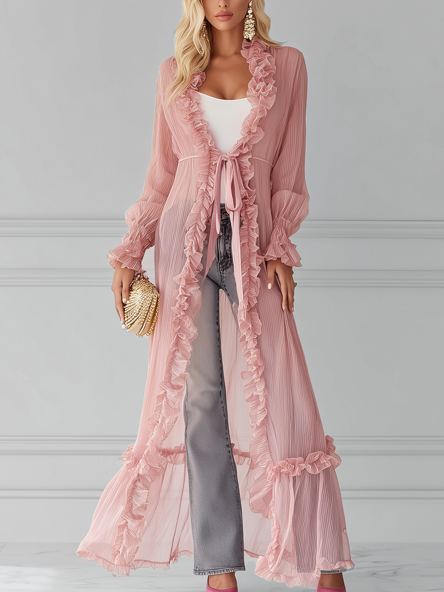 Urban Casual Pink Chiffon Ruffled Tie front Long Cardigan