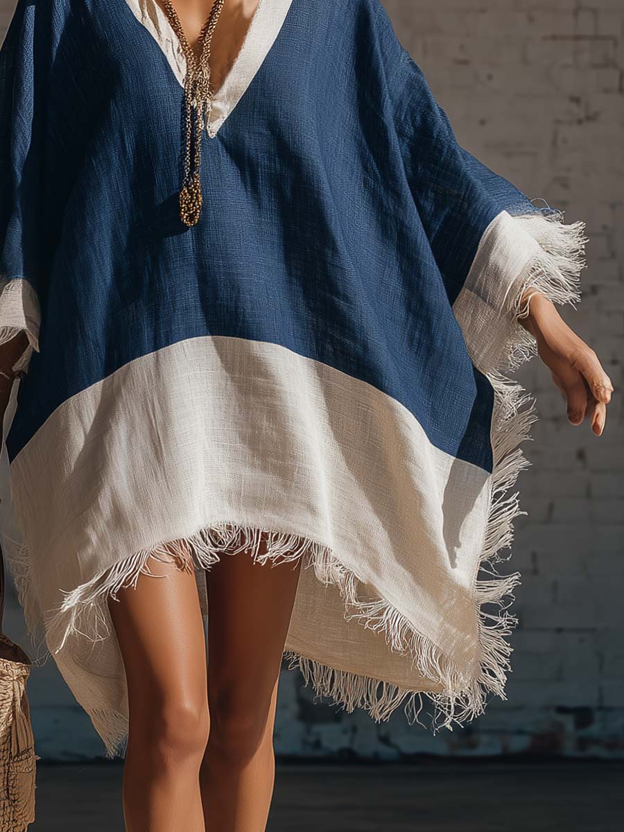 Loose-fitting Bohemian V-neck Frayed Dark Blue And White Color-blocked Cotton And Linen Mini Dress