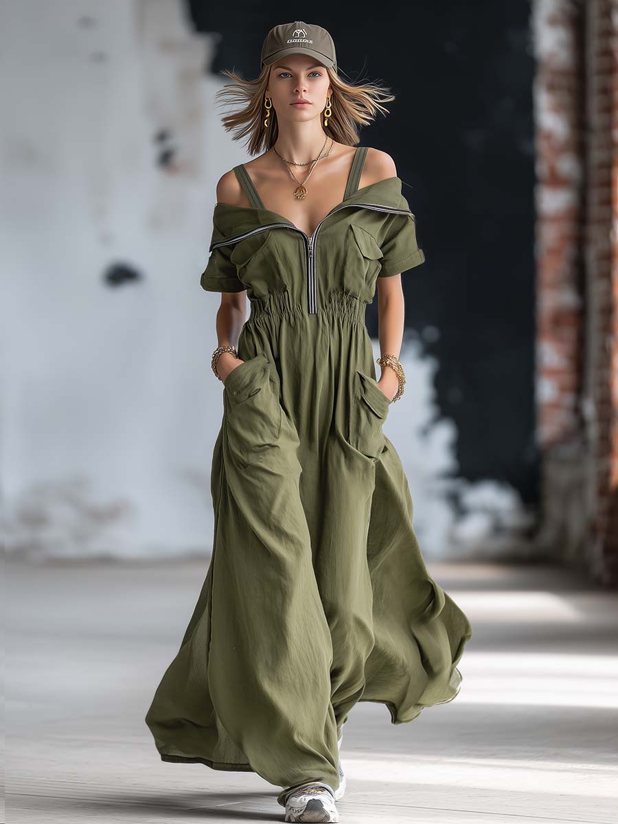 Fashionable Workwear Style Halter Off-shoulder Front Zipper Olive Green Cotton Maxi Dress