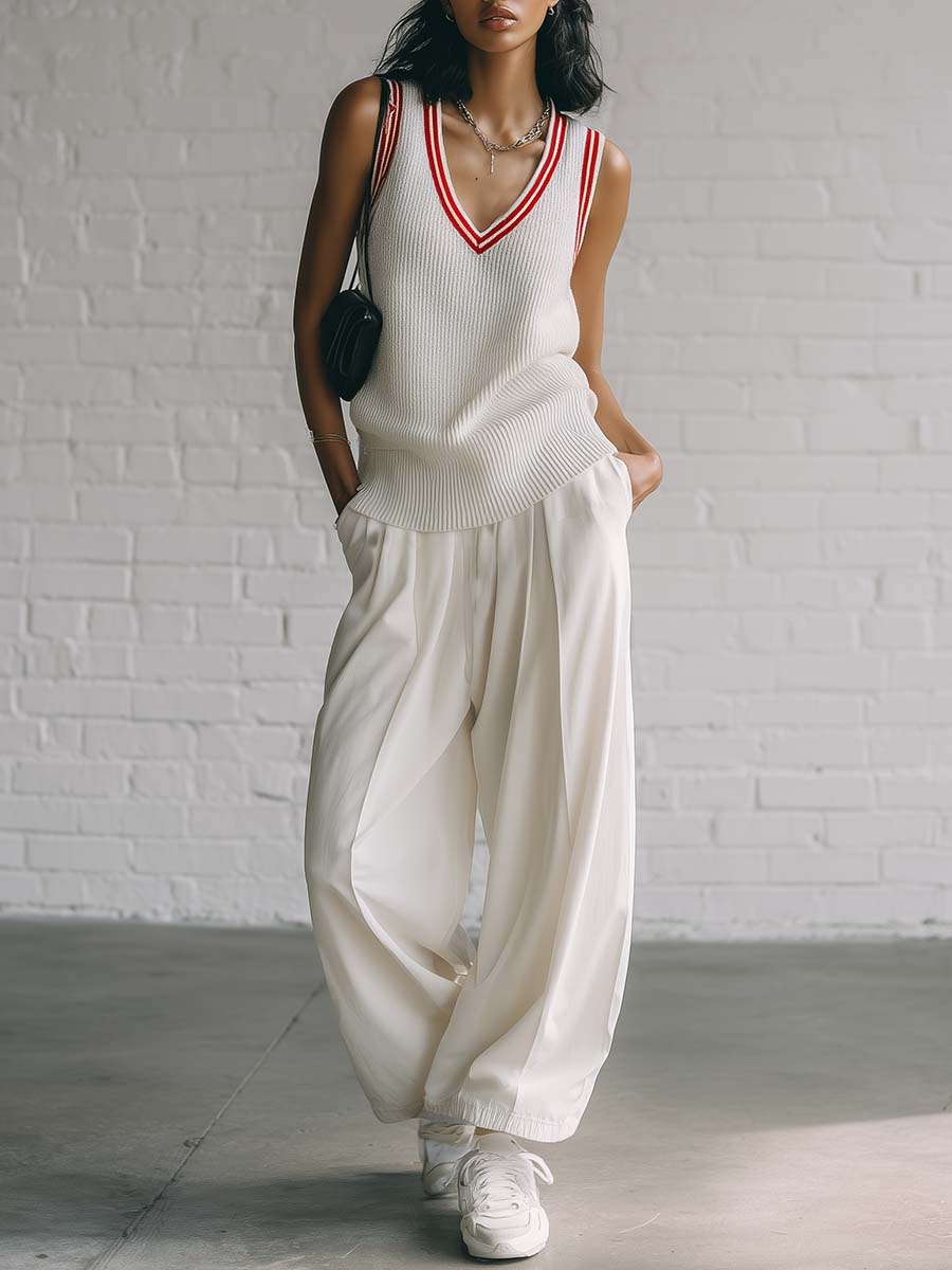 Casual Fashion Nautical Sporty White V-neck Knitted Vest And Cotton Pants Set