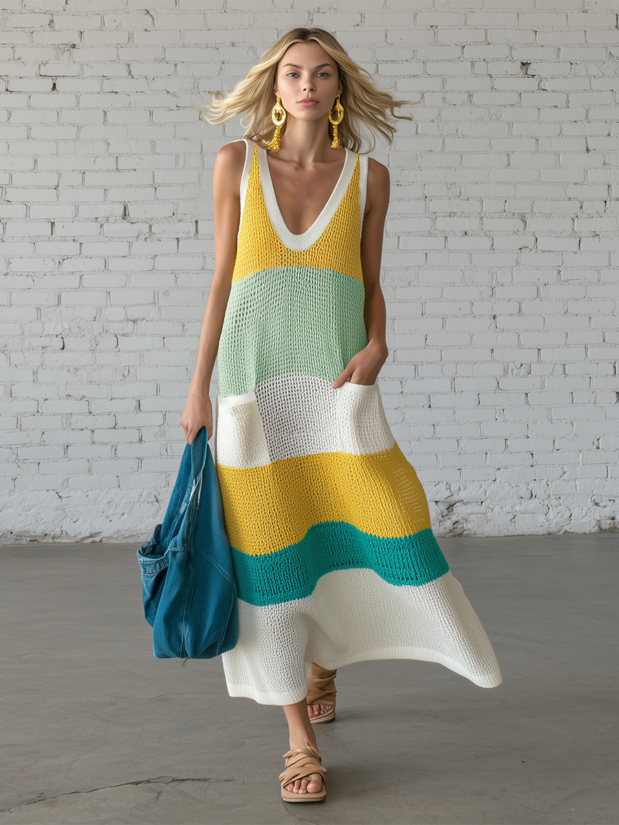 Casual V-neck Sleeveless Knitted With Yellow And Green Stripes Maxi Dress