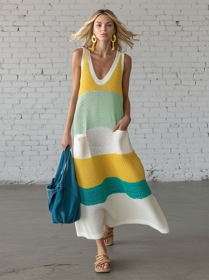 Casual V-neck Sleeveless Knitted With Yellow And Green Stripes Maxi Dress