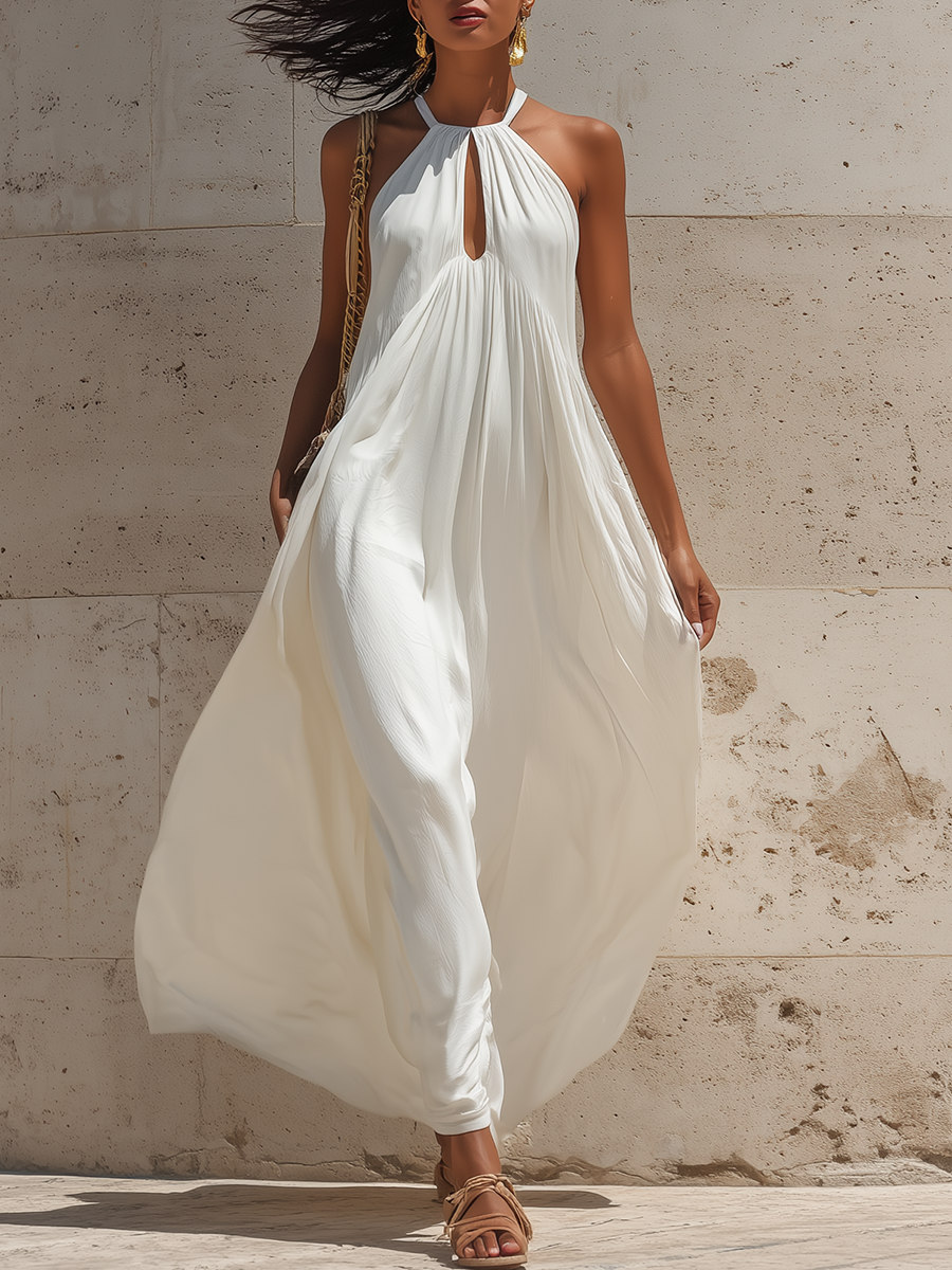 Retro-style Loose-fitting Sleeveless Halter-neck Cutout White Cotton Maxi Dress