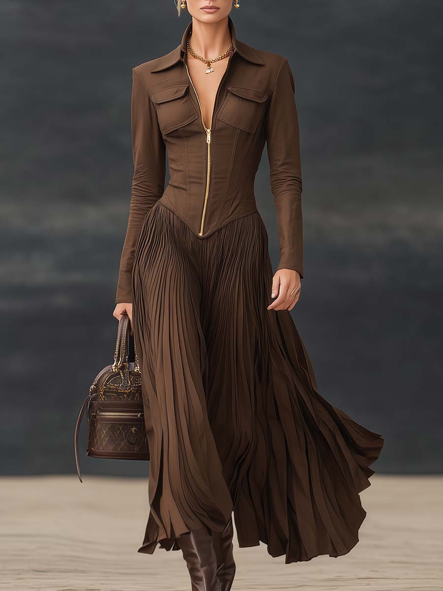 Temperament Exquisite Urban Lapel Front Zipper Pleated Hem Brown Cotton Maxi Dress