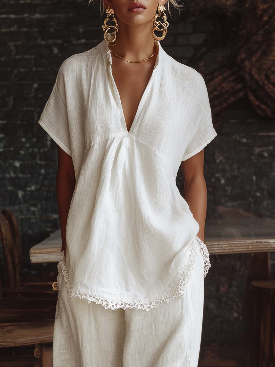 Elegant Casual Urban Style V-neck Lace Hem White Cotton Short-sleeved Top And Pants Set