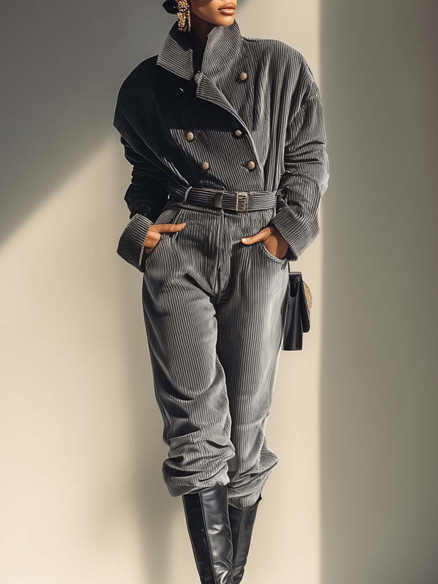 Vintage Grey Corduroy High Collar Front Double-breasted Jacket And Trousers Set