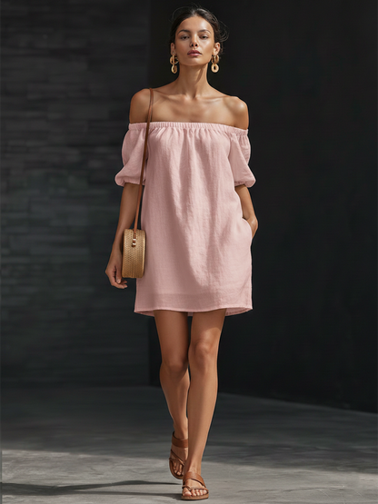 Casual Urban Pink Cotton Linen Off Shoulder Mini Dress