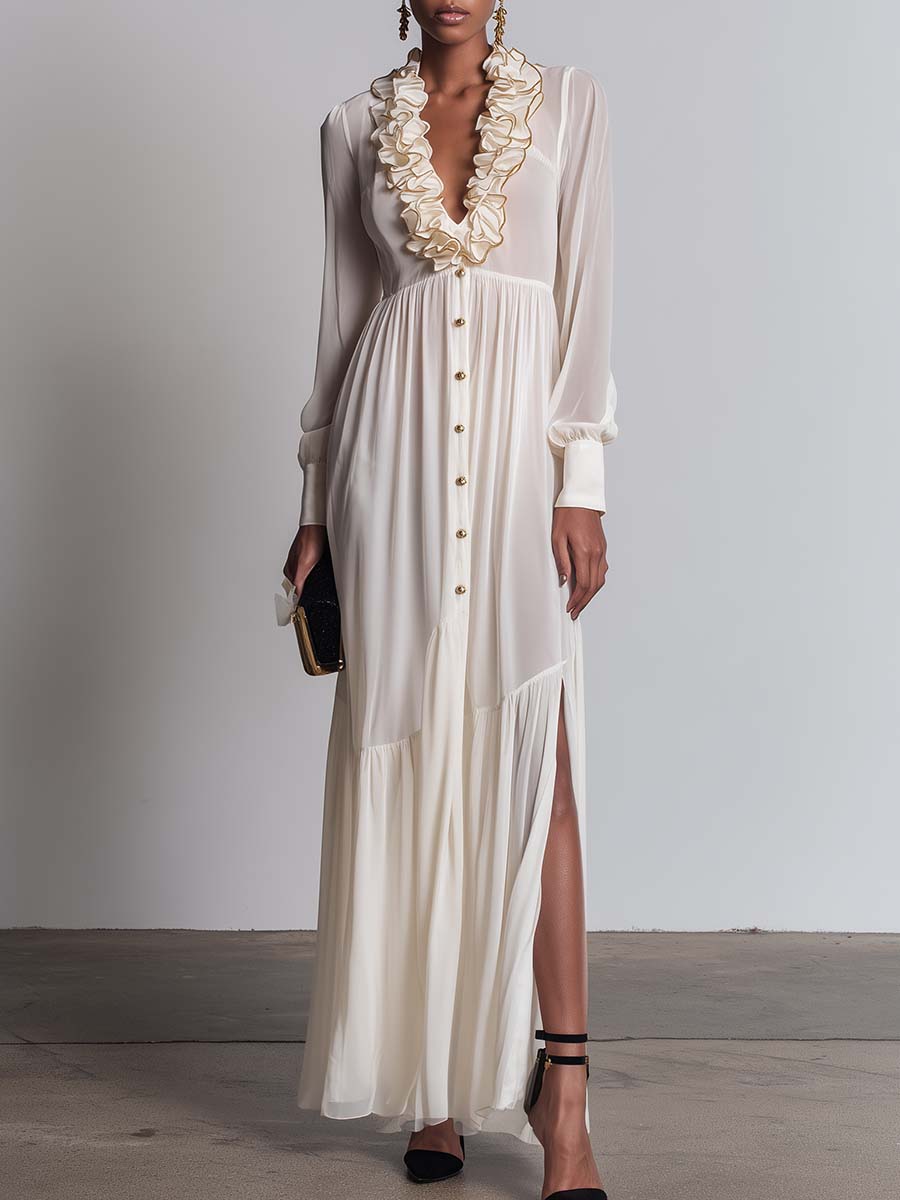 Elegant Retro Ruffled V-neck Front Button Pearl White Chiffon Slit Maxi Dress