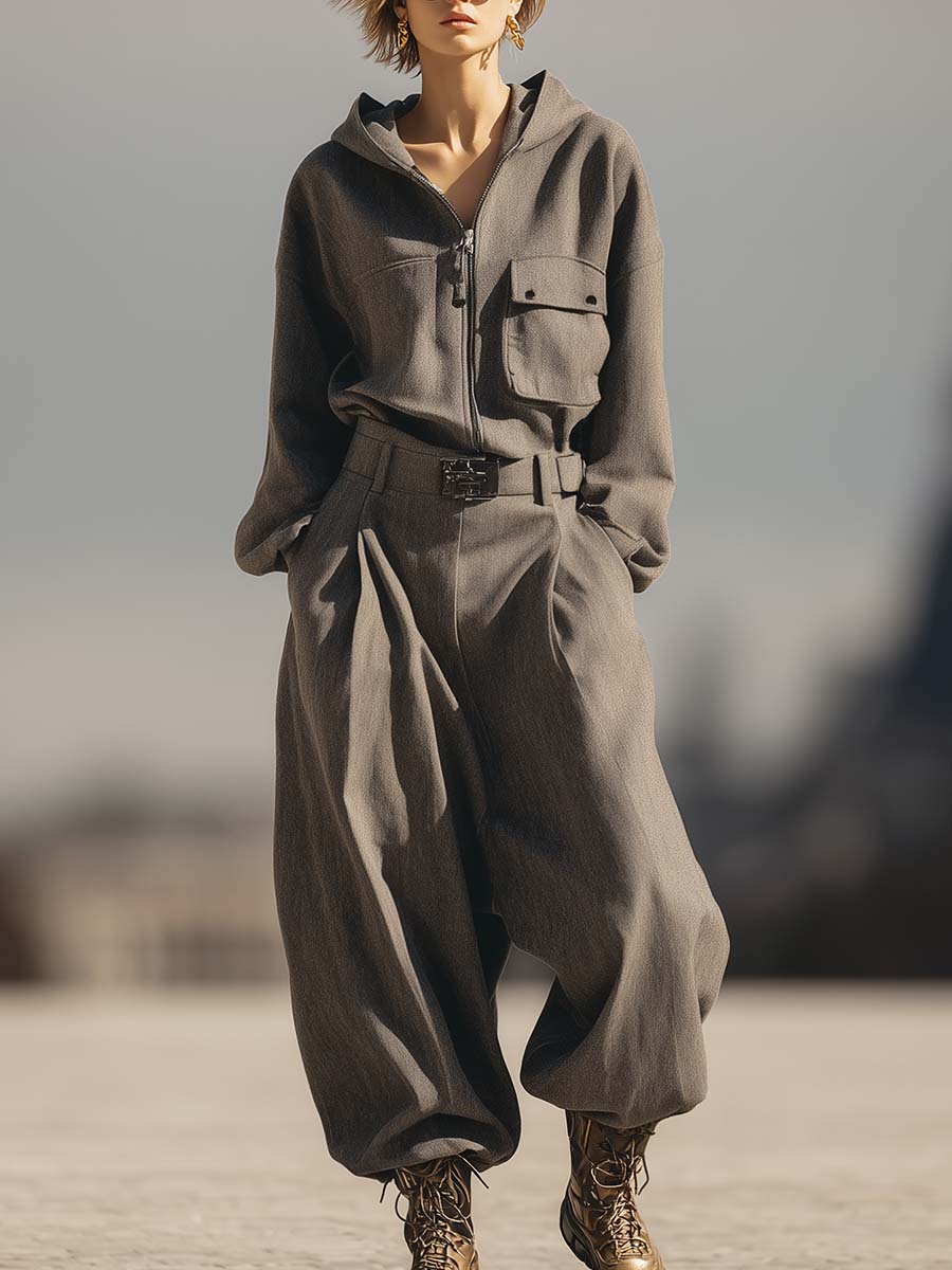 Casual Fashion Street Gray Thin Woolen Hooded Front Zipper Jacket And Pants Set