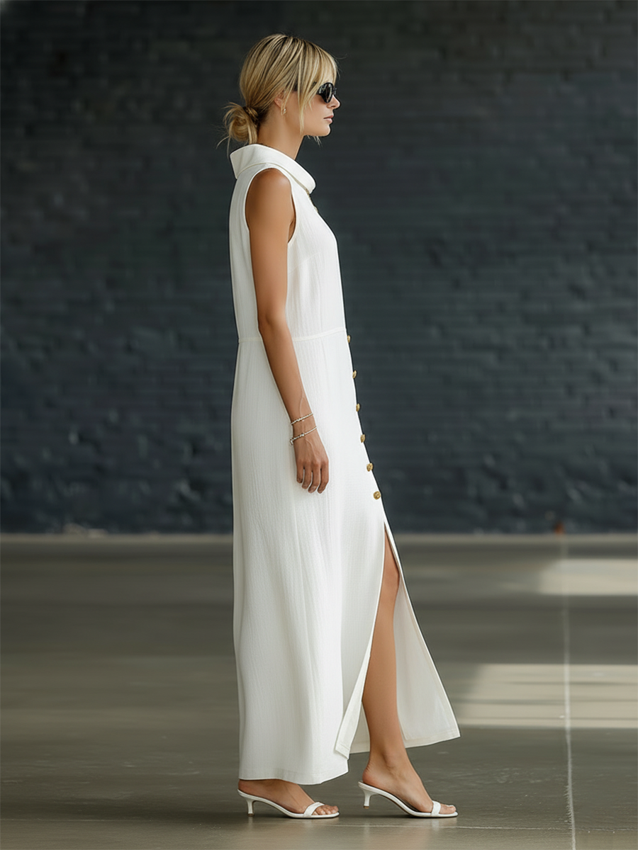 Stylish Simple Loose-fitting Sleeveless Turtleneck Side Slits Gold Buttons White Cotton Maxi Dress