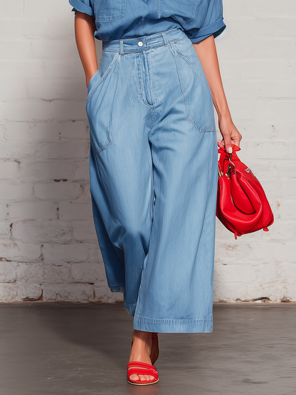 Retro Blue Denim Collared Top And Wide Leg Pants Set