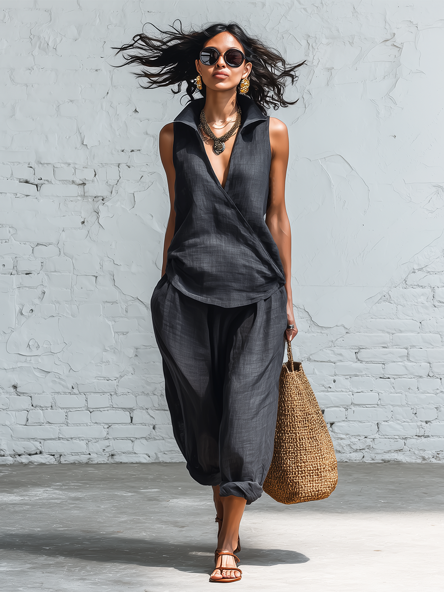 Casual Grey Linen Wrap Front Sleeveless Top And Wide Leg Pants Set