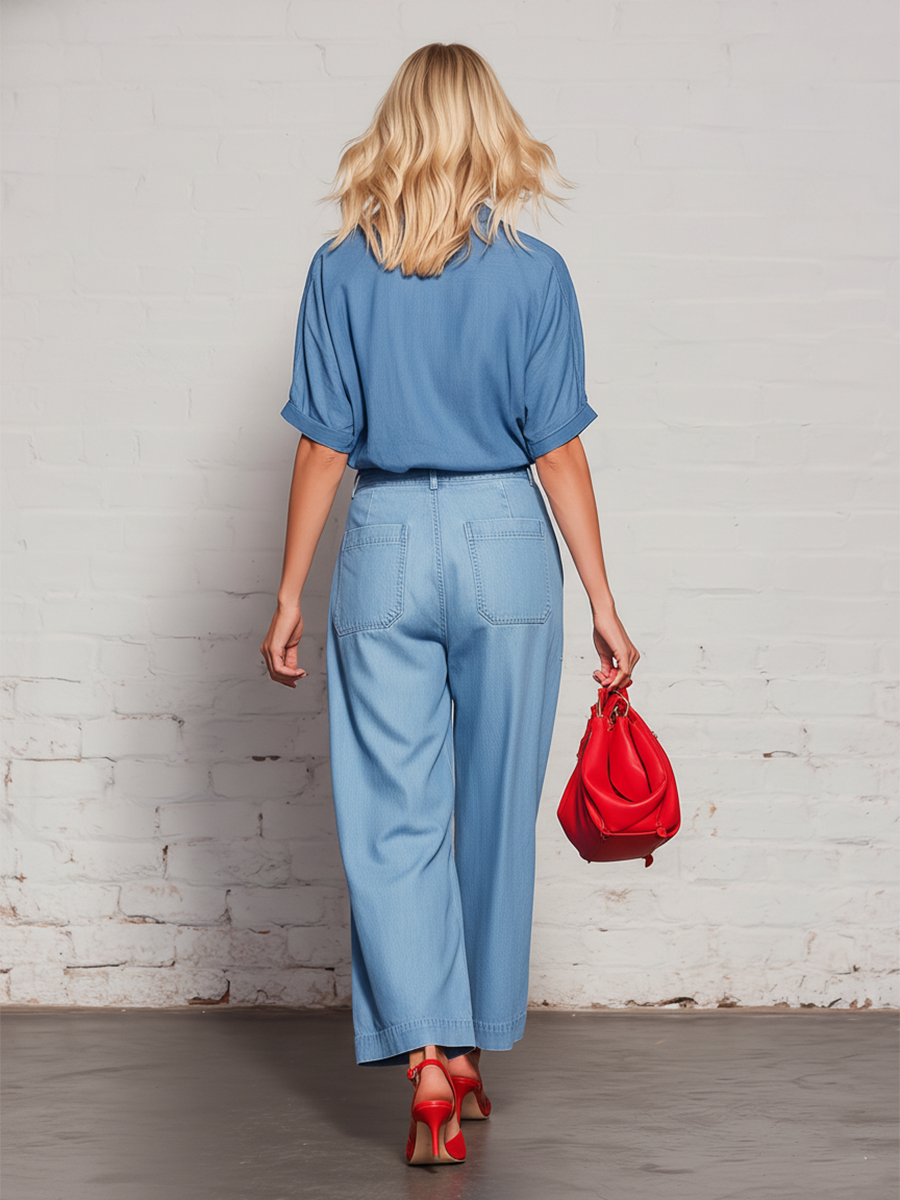 Retro Blue Denim Collared Top And Wide Leg Pants Set