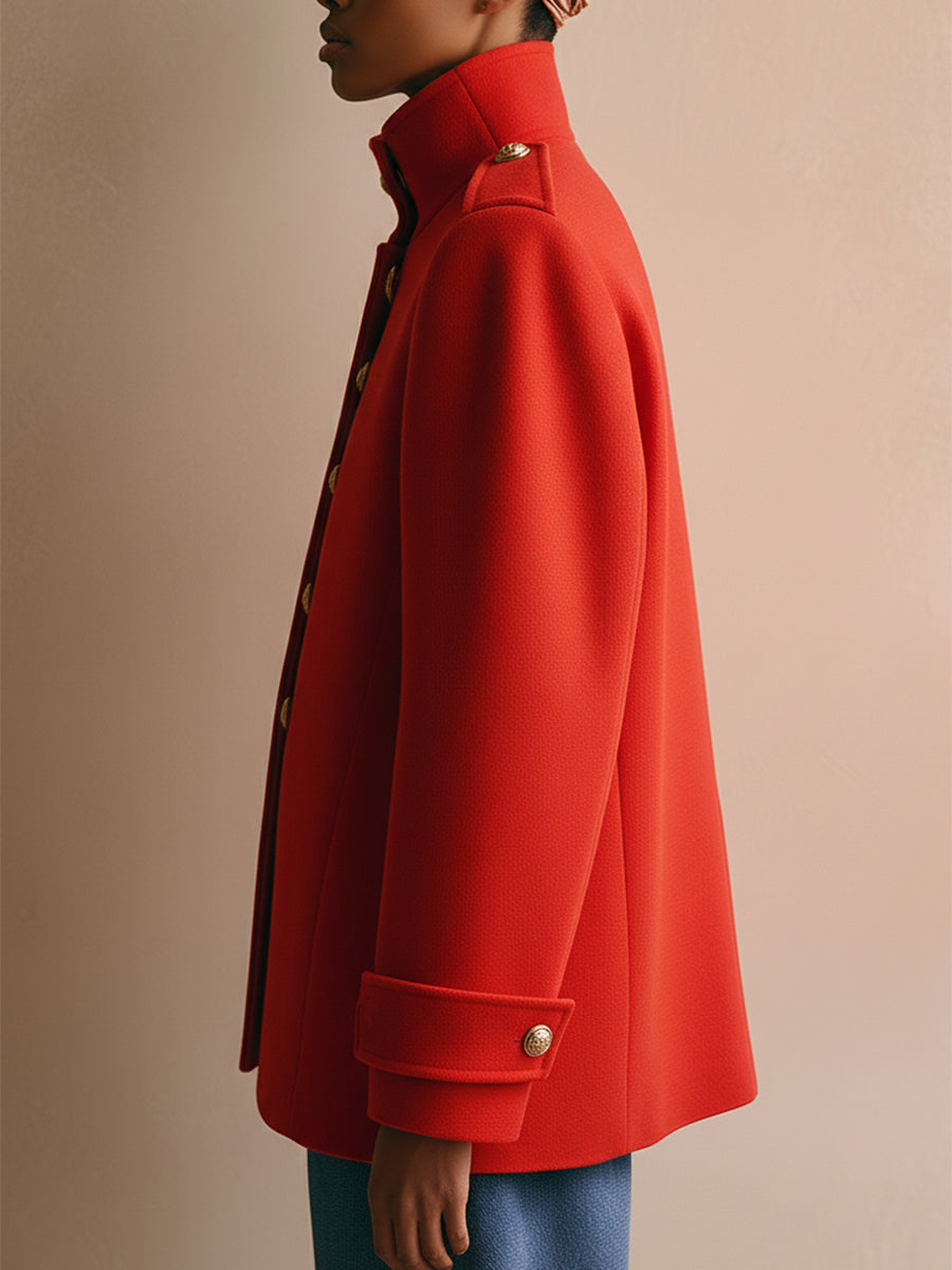 Vintage Loose Gold Button Red Wool Jacket