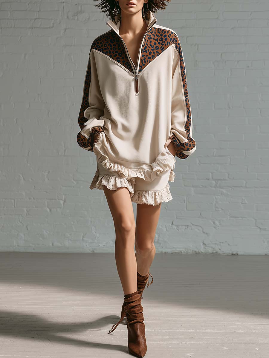 Vintage Sporty Lapel Front Zipper Ruffled Hem Cloud Dancer Faux Suede Top And Shorts Set