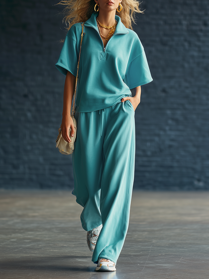 Sporty Blue Knit Short Sleeved Top And Wide Leg Pants Set