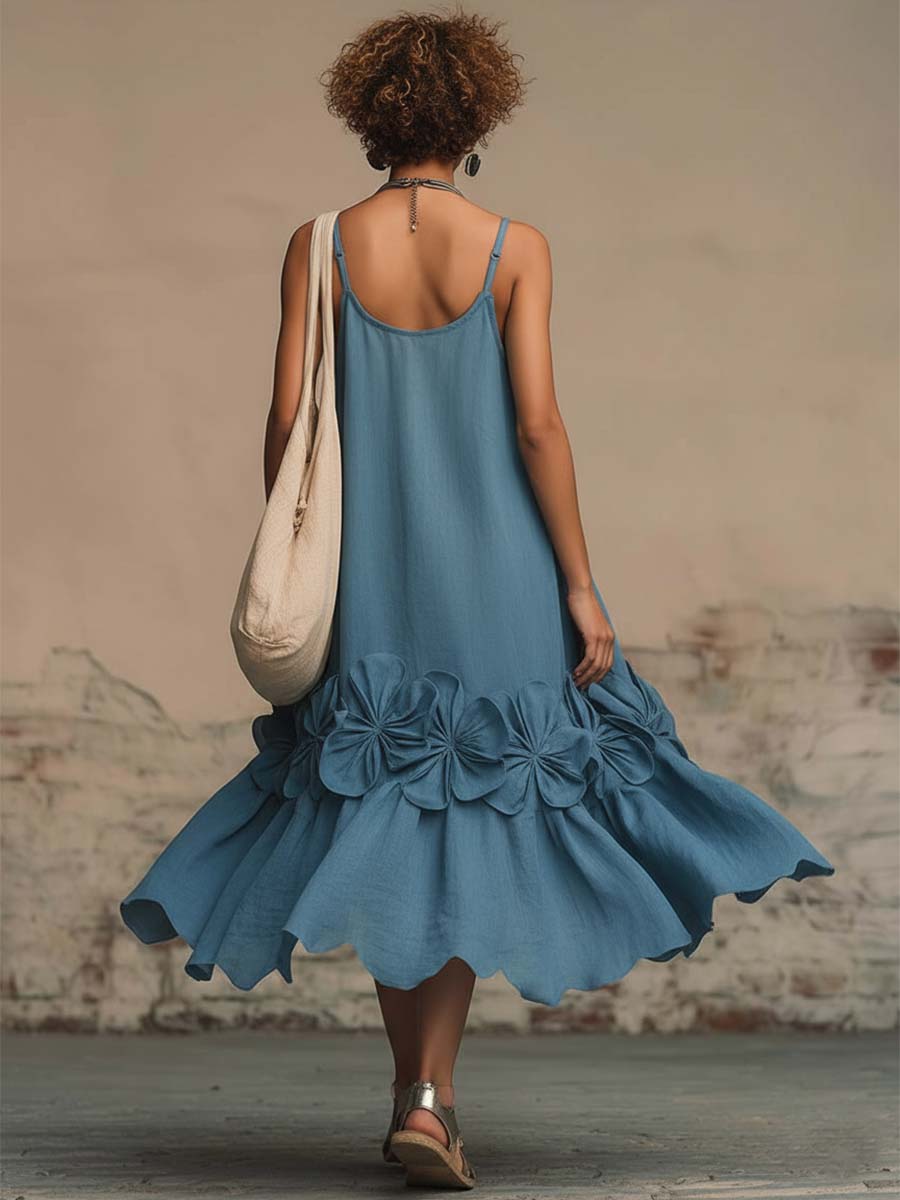 Elegant Retro-style 3D Floral Hem Blue Cotton Camisole Dress