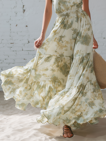Casual White Chiffon Printed V-neck Sleeveless Ruffled Maxi Dress