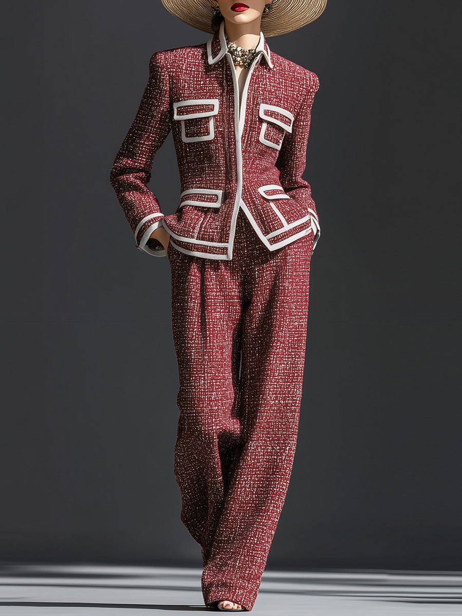 Vintage Fashion Maroon Tweed Lapel White Trim Waist Jacket And Trousers Set