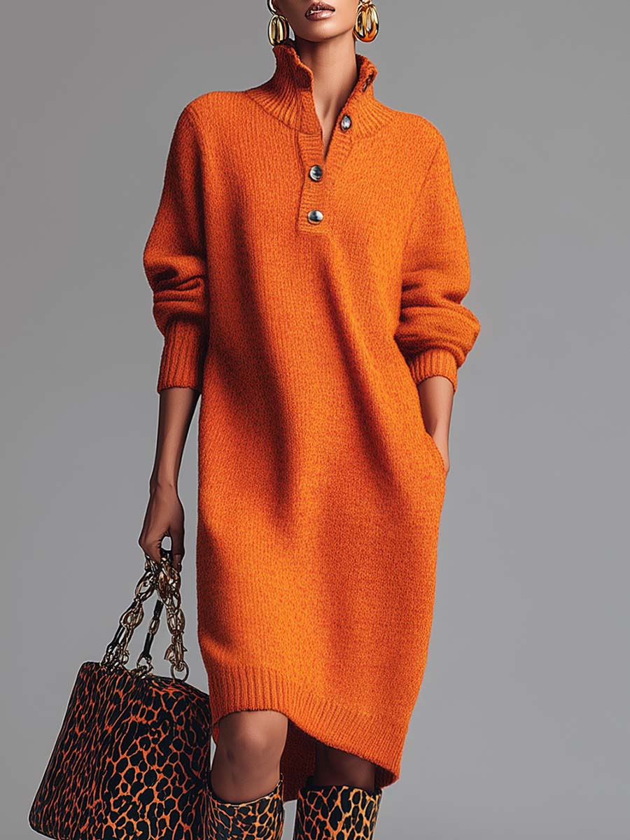 Comfortable And Fashionable Lapel Front Button Orange Knitted Midi Dress