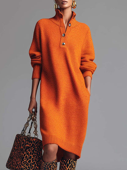 Comfortable And Fashionable Lapel Front Button Orange Knitted Midi Dress