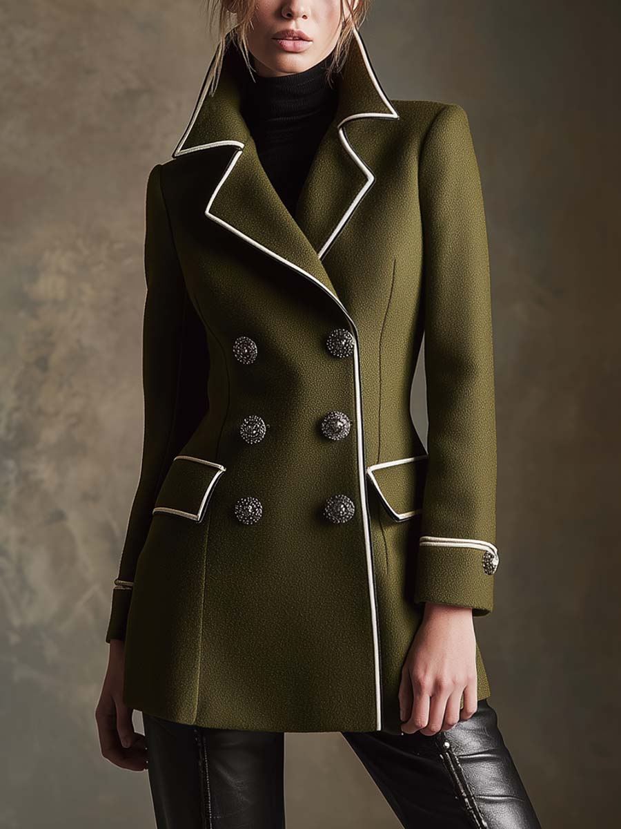 Elegant Retro Lapel Double-breasted White Trim Olive Green Wool Coat